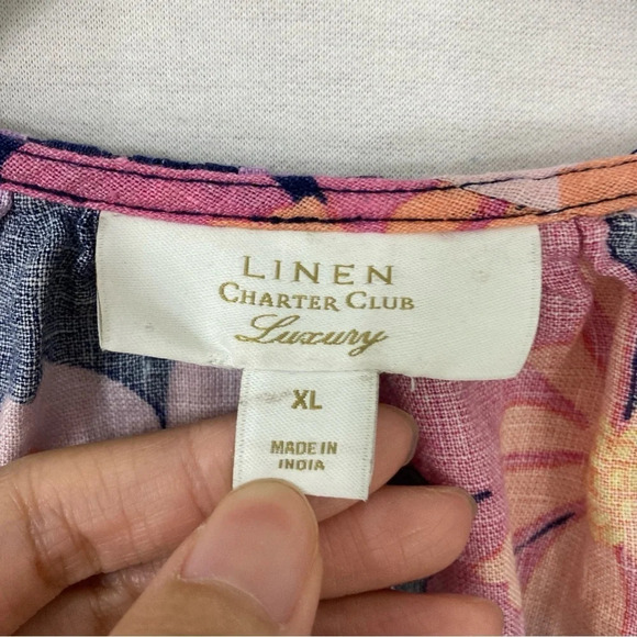 Charter Club Navy Pink Floral 100% Linen Tie Front Short Sleeve Button Down XL - Picture 2 of 10